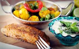 20min recipe: Indian-style salmon, sag aloo and cucumber raita