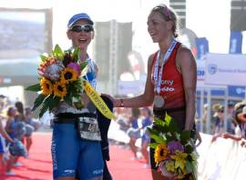 Cheetham and Gossage podium in Ironman African Championships in South Africa