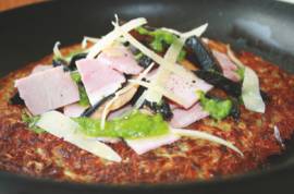 Potato Cake Topped with Ham, Mushrooms and Pesto