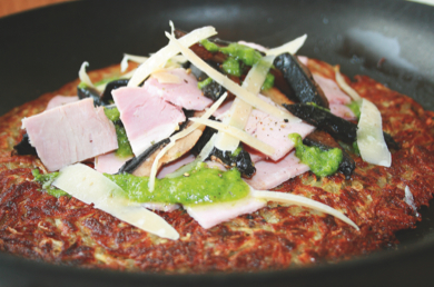 Potato Cake Topped with Ham, Mushrooms and Pesto