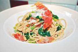 Spinach, prosciutto and pinenut spaghetti