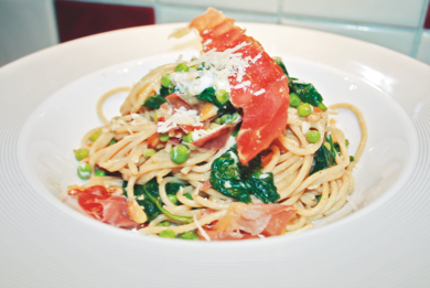Spinach, prosciutto and pinenut spaghetti