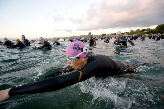 Triathletes starting the swim at Ironman New Zealand