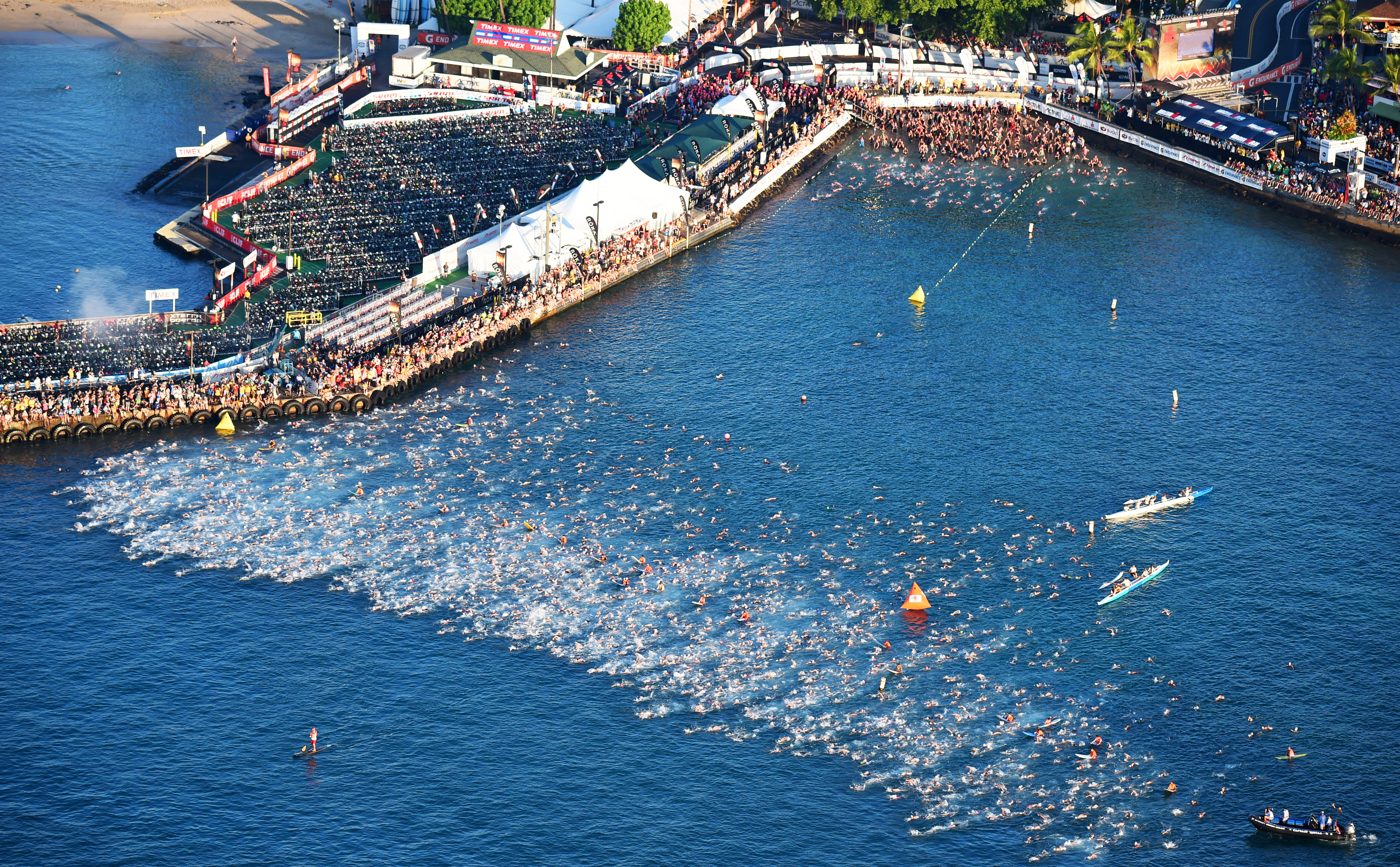Ironman Hawaii KAILUA KONA, HAWAII - OCTOBER 10: Triathletes compete in the 2.4-mile/3.8km swim during the IRONMAN World Championship presented by GoPro on October 10th 2015, Kailua Kona, Hawaii. (Photo by Delly Carr/IRONMAN) IRONMAN Triathlon consists of a 2.4-mile (3.86 km) swim, a 112-mile (180.25 km) bicycle ride and a marathon 26.2-mile (42.2 km) run. IRONMAN is considered one of the most difficult endurance events in the world.