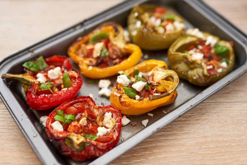 Roasted peppers with feta and basil