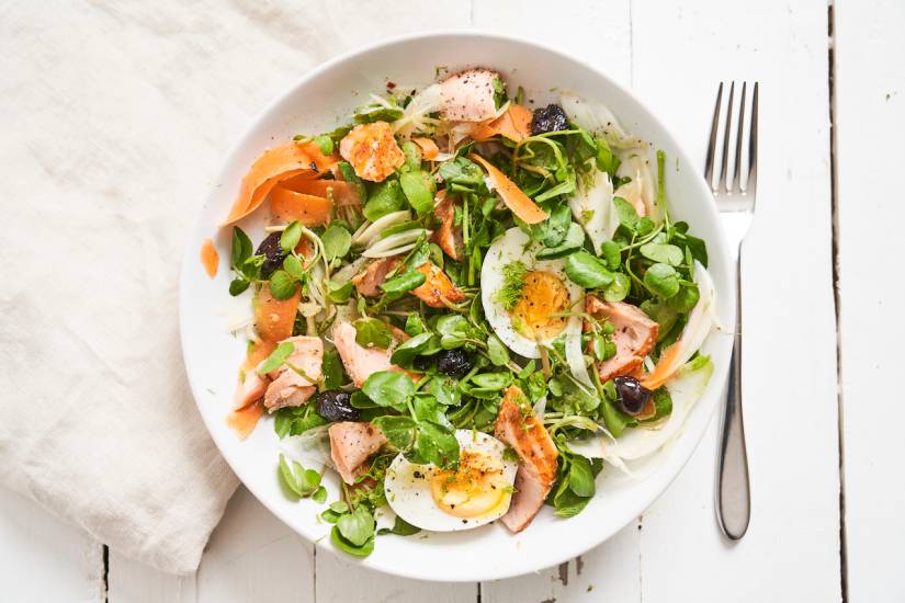Hot smoked salmon, egg and fennel salad