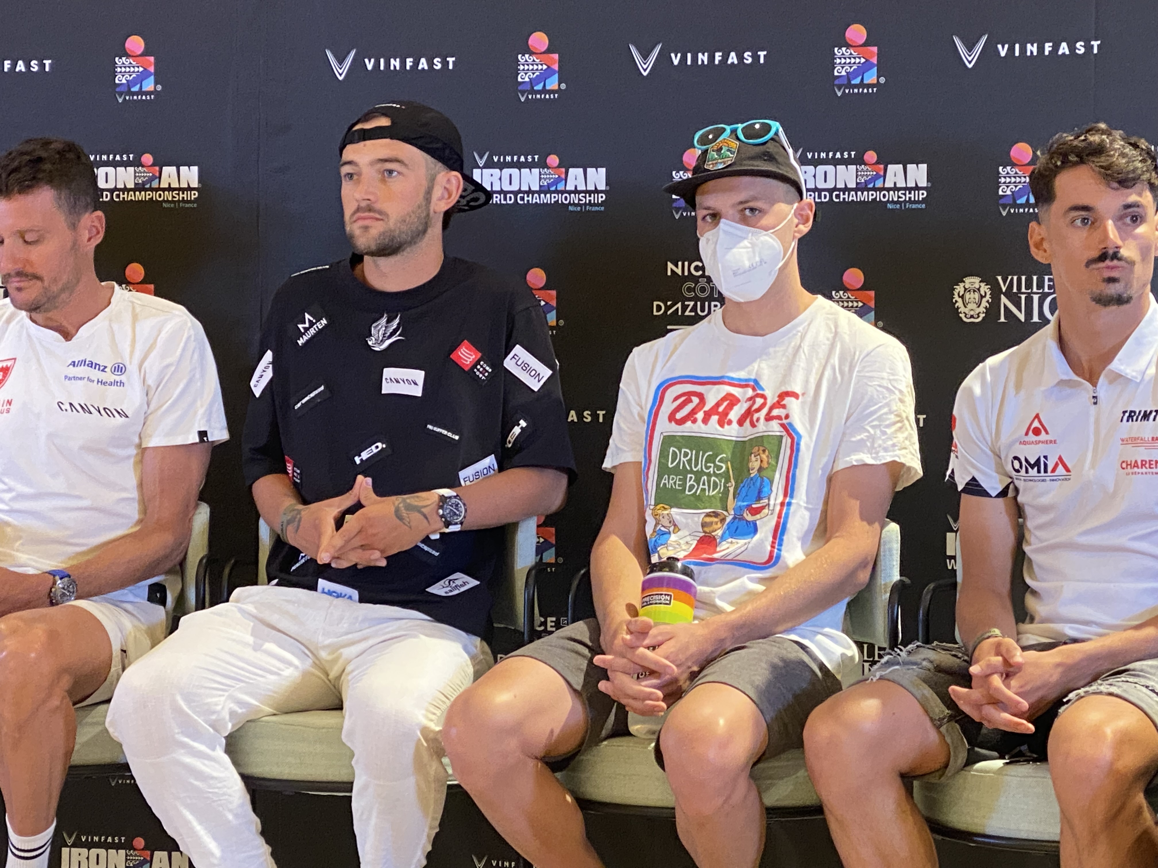 IMG_5490 Leon Chevalier wears a Drugs Are Bad t-shirt at the pre-race Ironman World Championship press conference