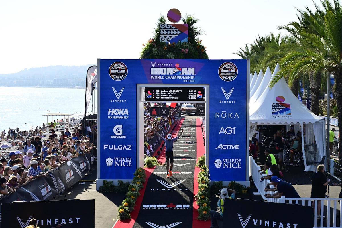 Andrew Woodroffe finishing the 2023 Ironman World Champs in Nice, France