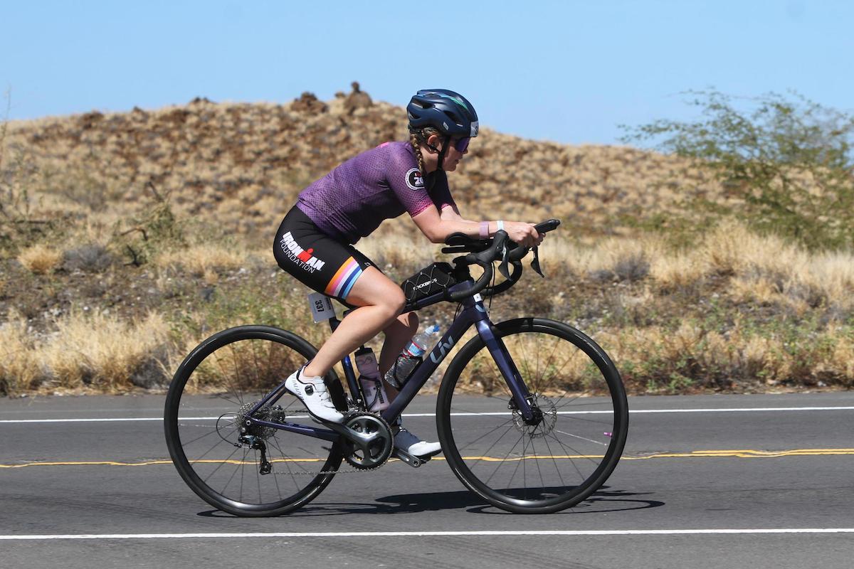 Jen Done on the bike leg of the 2023 Ironman World Champs in Kona, Hawaii