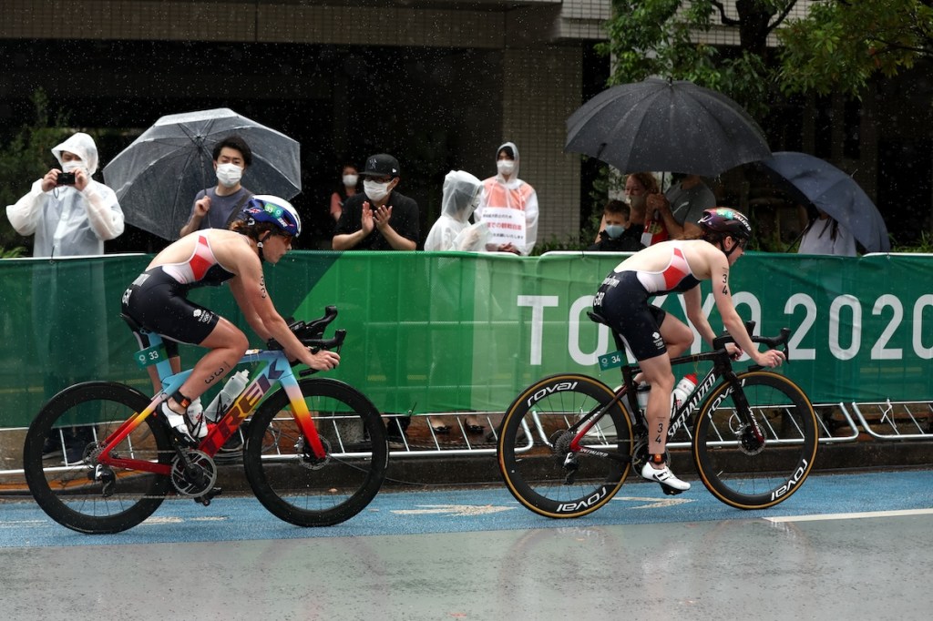 GB triathletes Georgia Taylor-Brown and Jess Learmonth driving the pace on the bike leg during the 2020 Tokyo Olympic Games triathlon