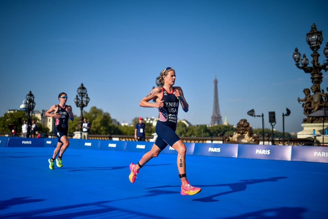 US triathlete Taylor Knibb racing the Paris Olympic triathlon test event