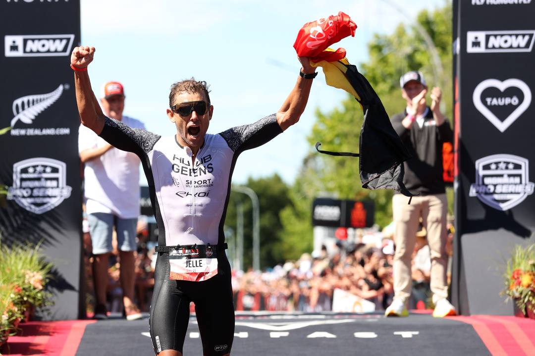 Jelle Geens celebrates winning the Ironman 70.3 world title in Taupo, New Zealand.. Pic credit: Fiona Goodall/Getty Images for IRONMAN