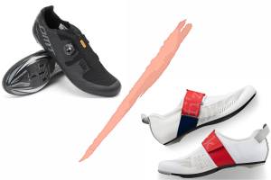 Road bikes shoes and triathlon bikes shoes separated by diagonal red line
