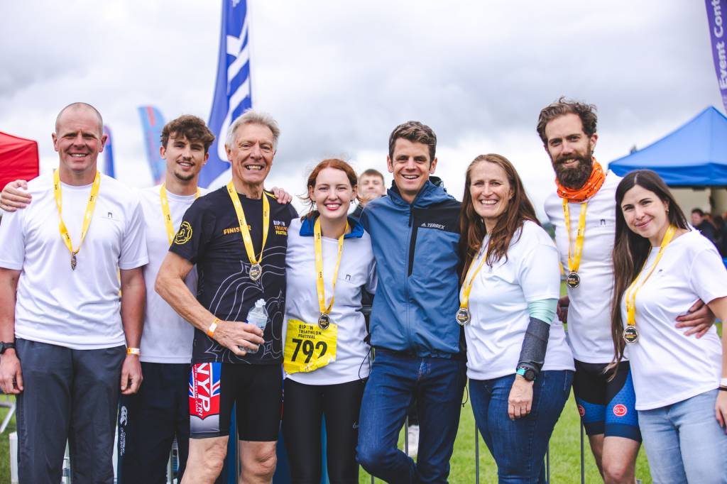 Jonny Brownlee with finishers at last year's Ripon Triathlon festival