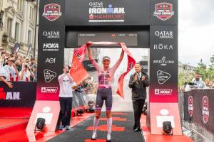 Laura Phillip of Germany finishes first place at the Qatar Airways IRONMAN Hamburg European Championship on June 1, 2025 in Hamburg, Germany