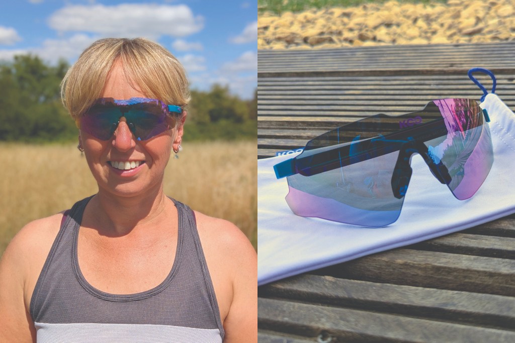 Collage of woman wearing running sunglasses and glasses on wooden table