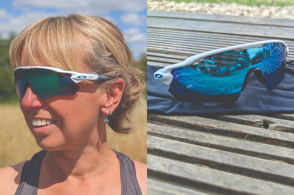 Collage of woman wearing running sunglasses and glasses on wooden table