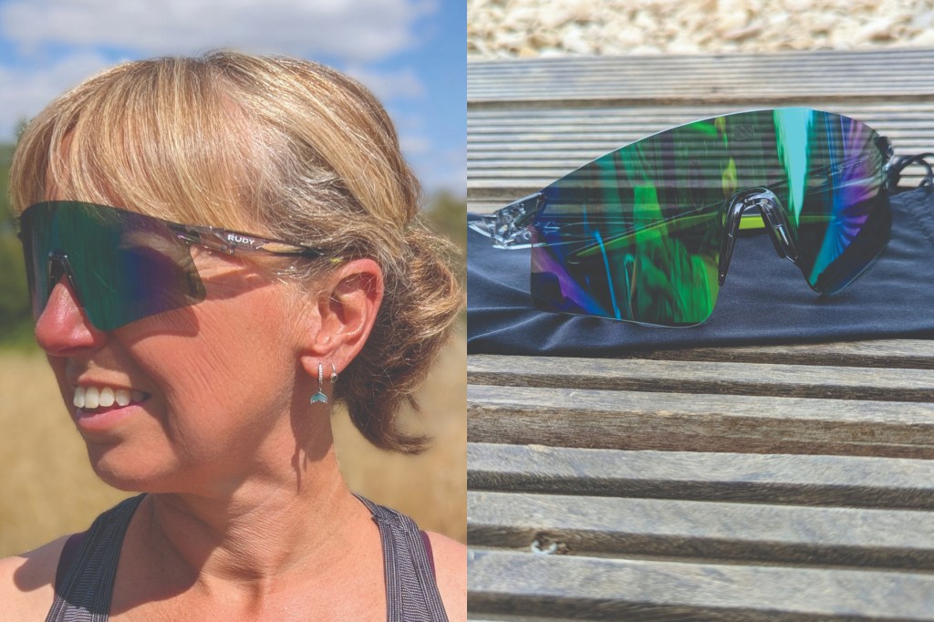 Collage of woman wearing running sunglasses and glasses on wooden table