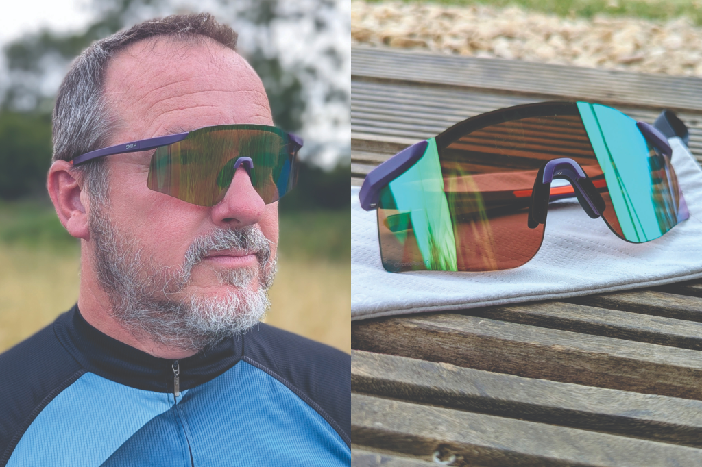 Collage of man wearing running sunglasses and glasses on wooden table