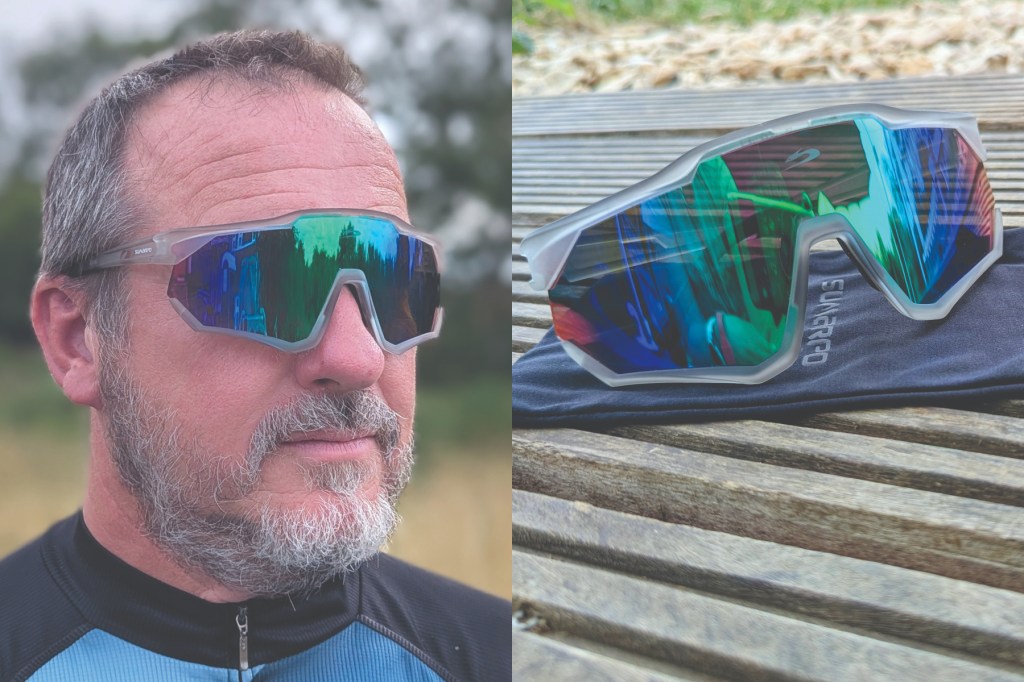 Collage of man wearing running sunglasses and glasses on wooden table