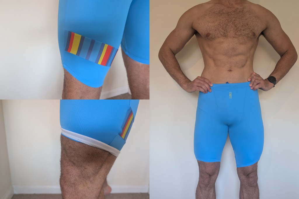 Collage of man wearing bright blue swim jammer