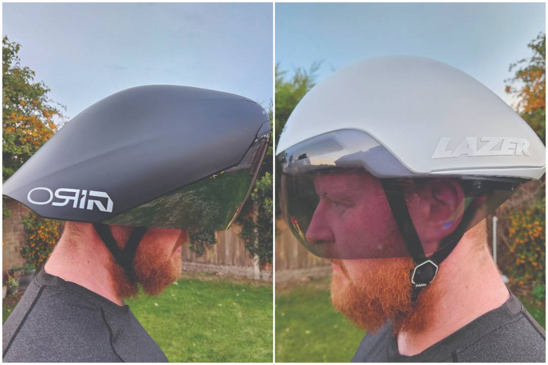 Collage showing man wearing black and white aero helmets