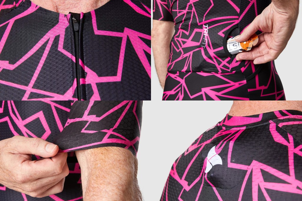 Collage of details on pink and black tri-suit