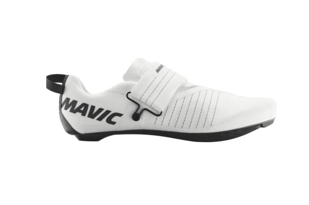 White and black triathlon bike shoe with text that reads 'Mavic'
