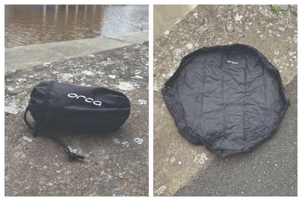Collage of a wetsuit changing mat on concrete
