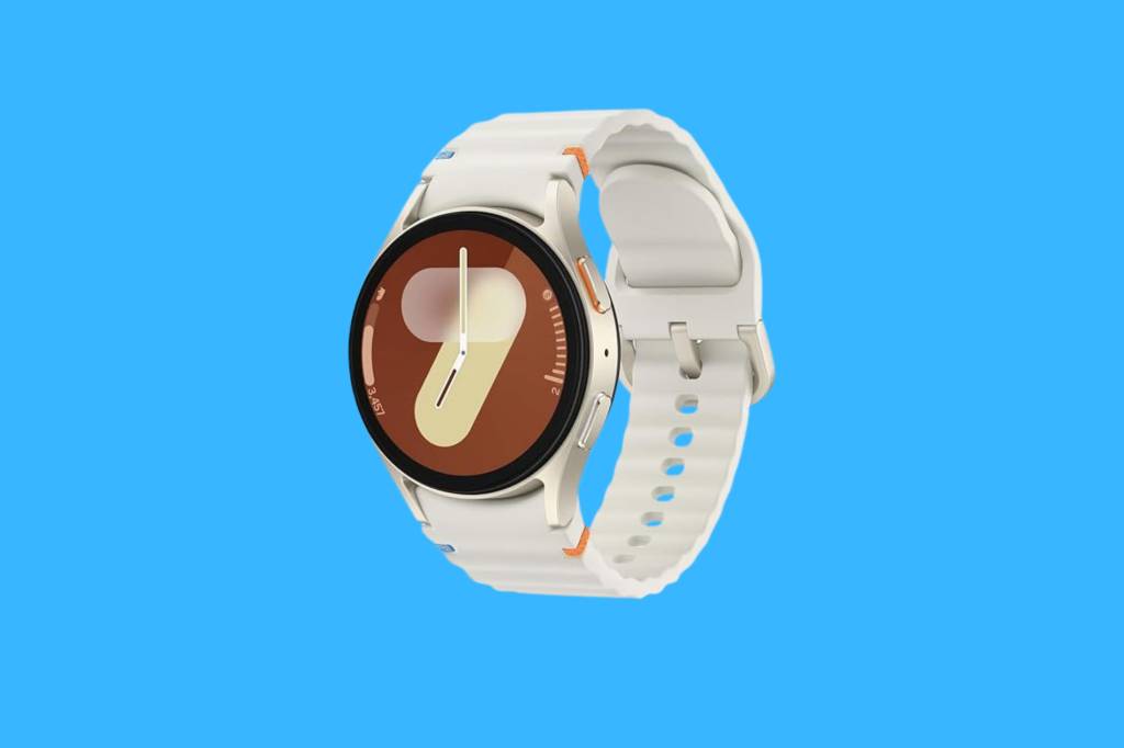 White Samsung Galaxy watch 7 on blue background