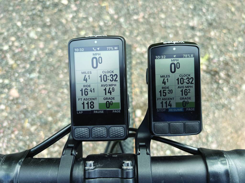Wahoo Elemnt Bolt 3 mounted on bike handlebar next to Roam 3