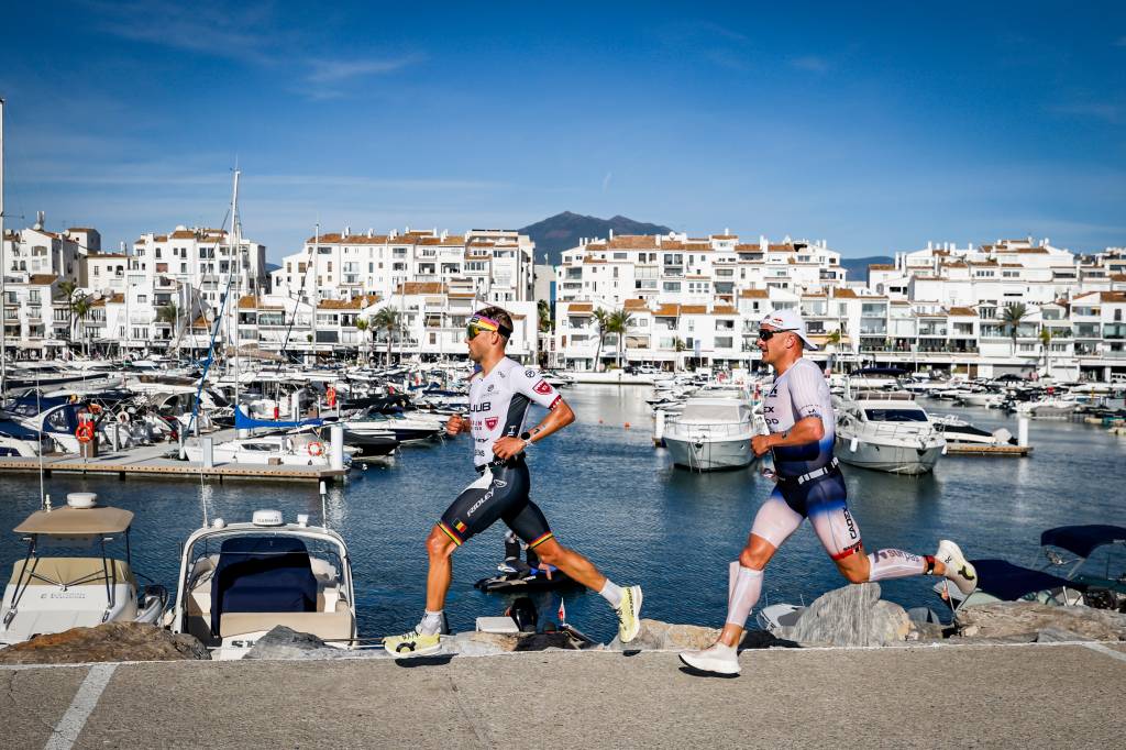 Jelle Geens (left) and Kristian Blummenfelt were separated by metres for much of the run. Pic credit: Pablo Blazquez Dominguez/Getty Images for IRONMAN
