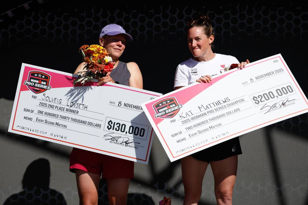 Despite the DNF in Spain, Kat Matthews (right) still claimed a $200k cheque as winner of the Ironman Pro Series. Pic credit: Blazquez Dominguez/Getty Images for IRONMAN