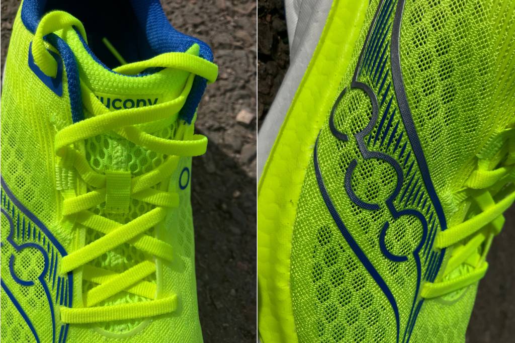 Collage showing instep of yellow running shoe