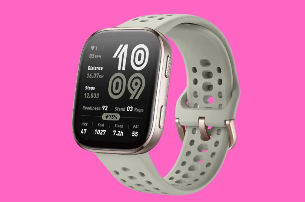 Grey smart watch on pink background