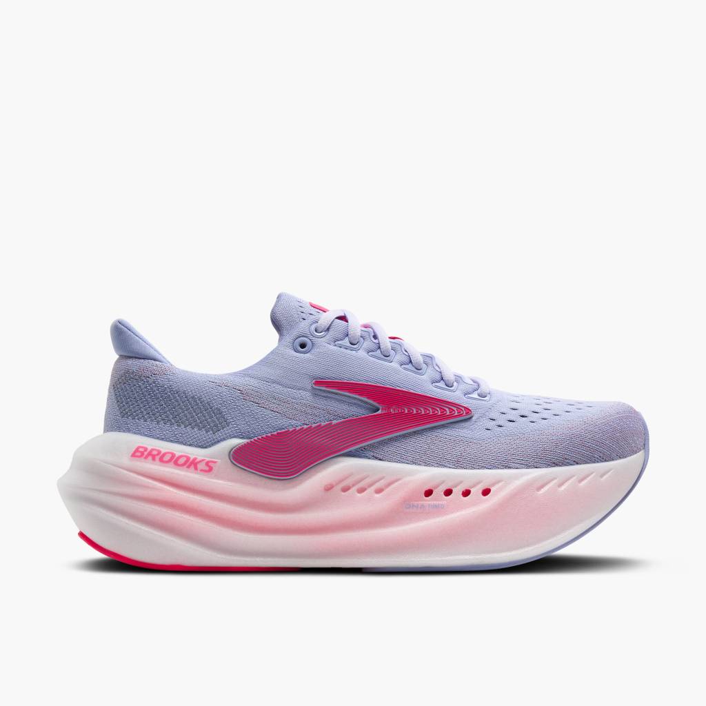 Side-on view of lilac and pink running shoe