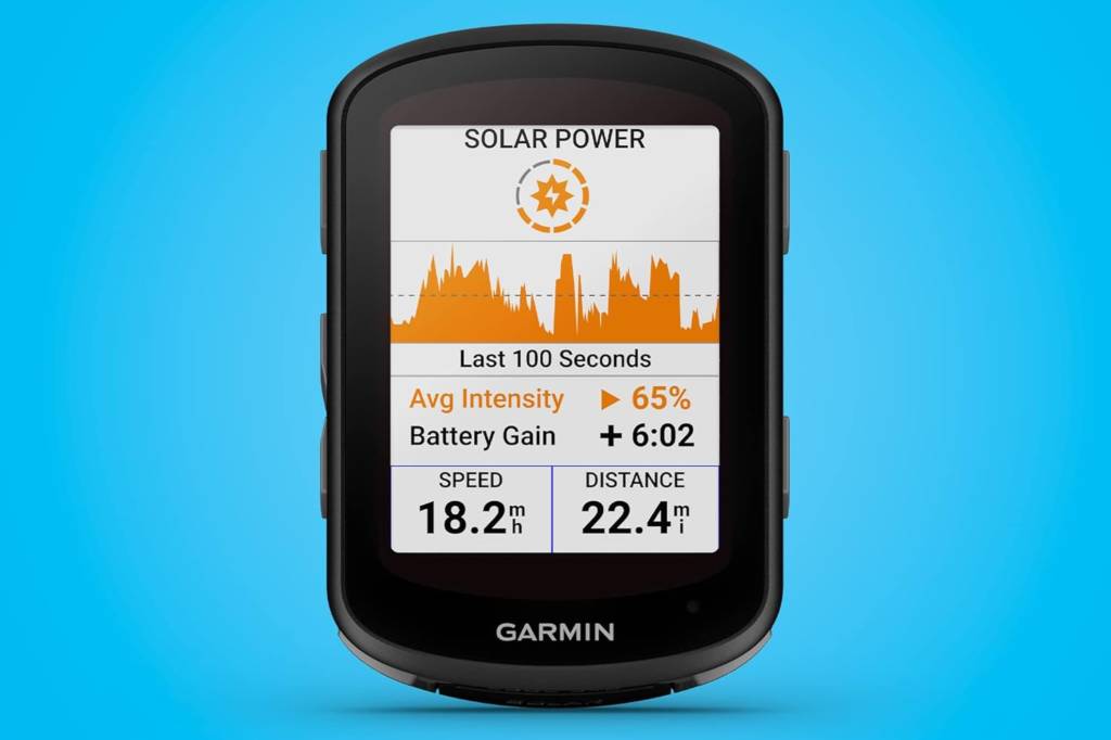 Screen of bike computer showing solar charging
