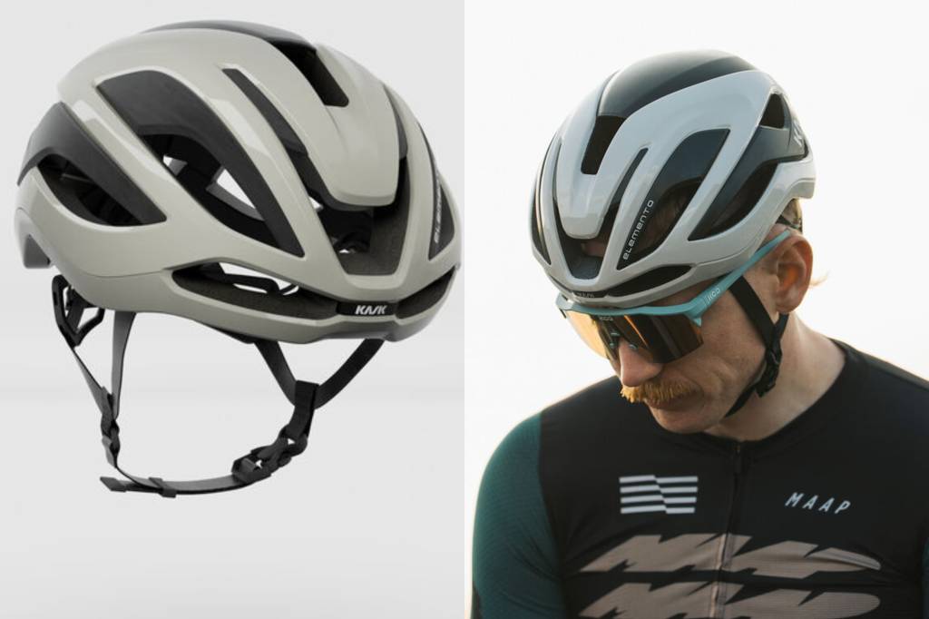 Man wearing Kask Elemento bike helmet alongside product image