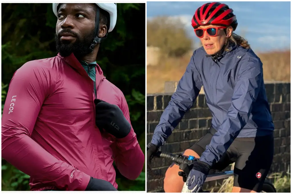 Collage of man wearing red cycling jacket and woman in blue version