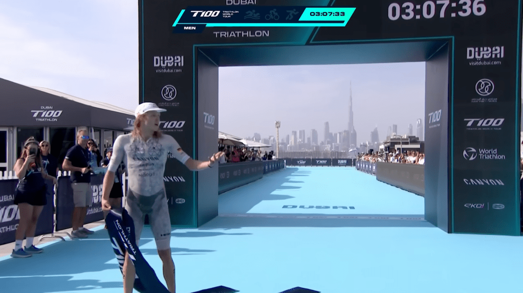 Noodt crosses the finish line after a confused shrug and a demand for explanation after crossing the line