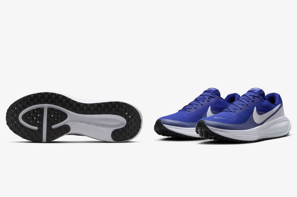 Collage of the blue Nike Revolution 8 running shoe