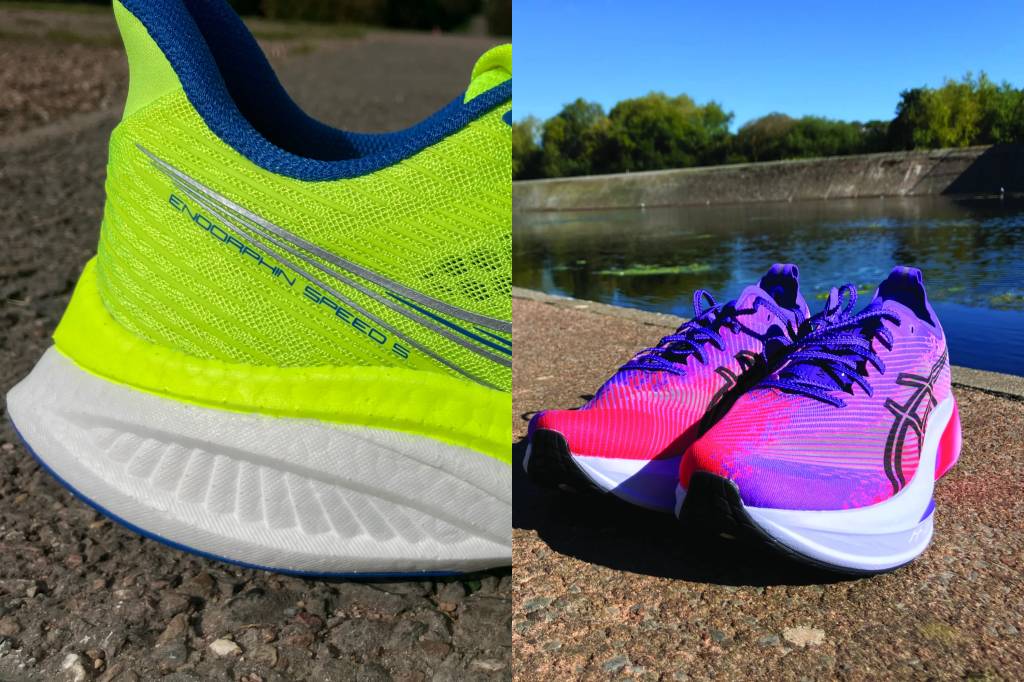 Close-up of yellow Saucony Endorphin Speed 5 and head-on view of purple Asics Megablast