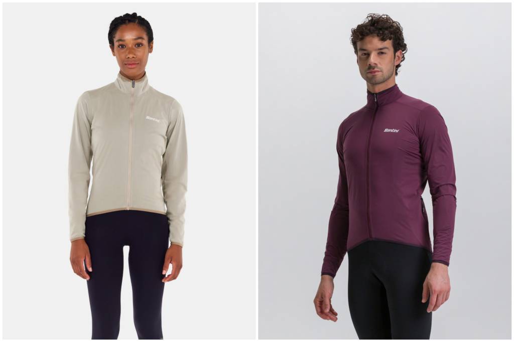 Collage of women wearing grey cycling jacket and man wearing same kind in purple
