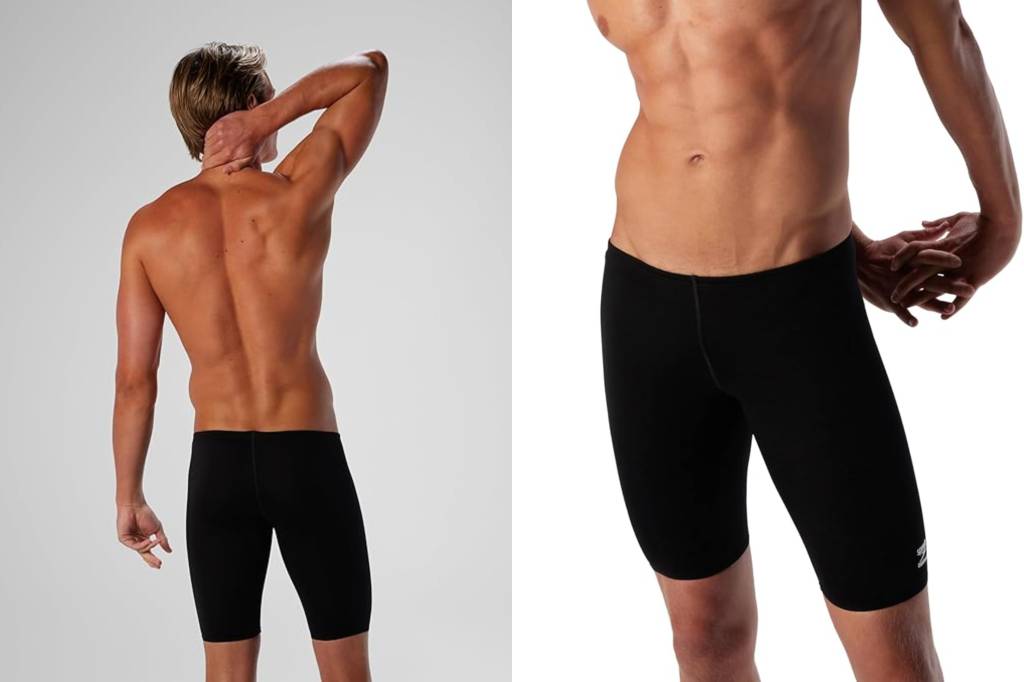 Collage of man wearing black swim jammer