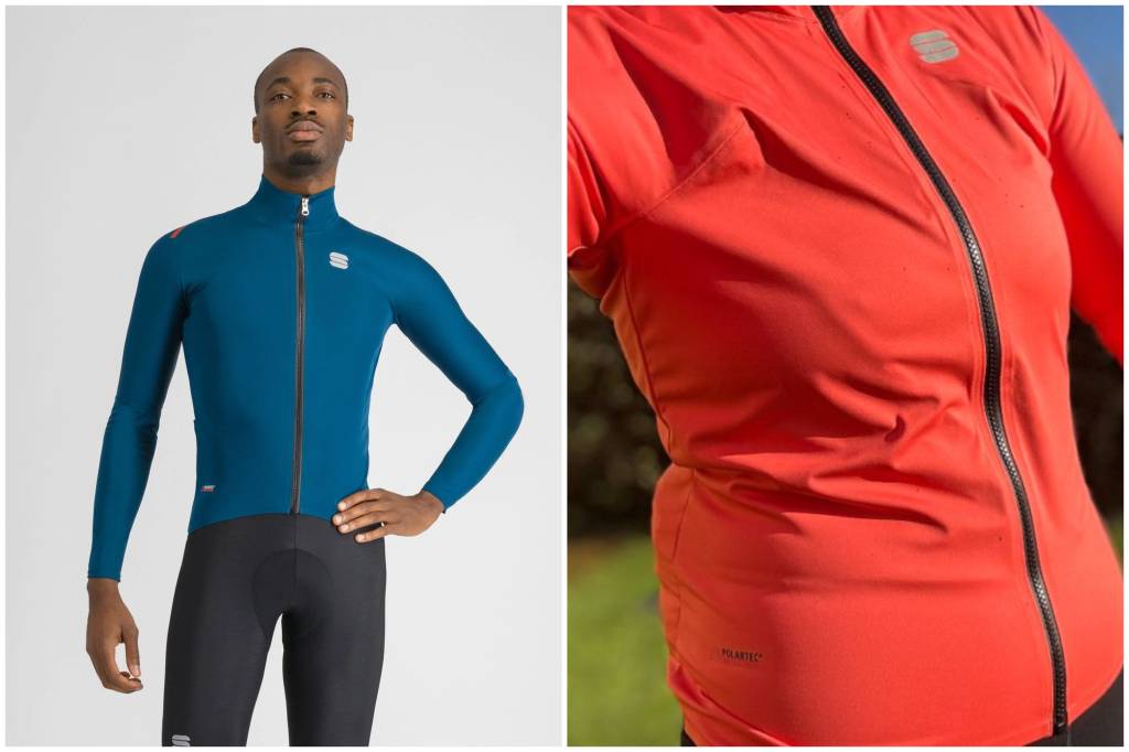 Collage of man and woman wearing blue and orange cycling jackets
