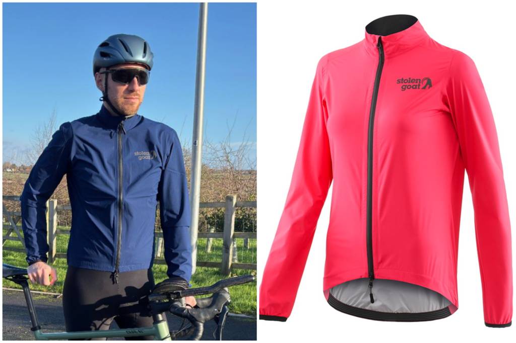 Collage of man wearing blue cycling jacket and pink jacket on mannequin