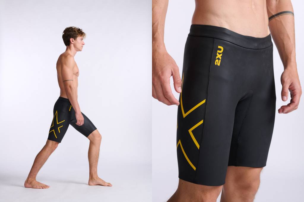 Collage of man wearing black buoyancy shorts
