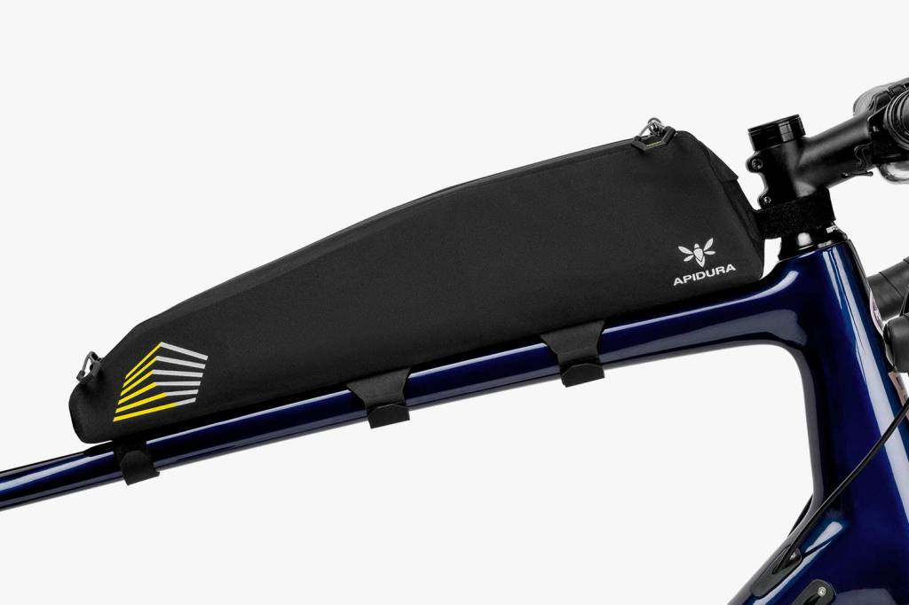 Black and yellow top tube bag mounted to bike