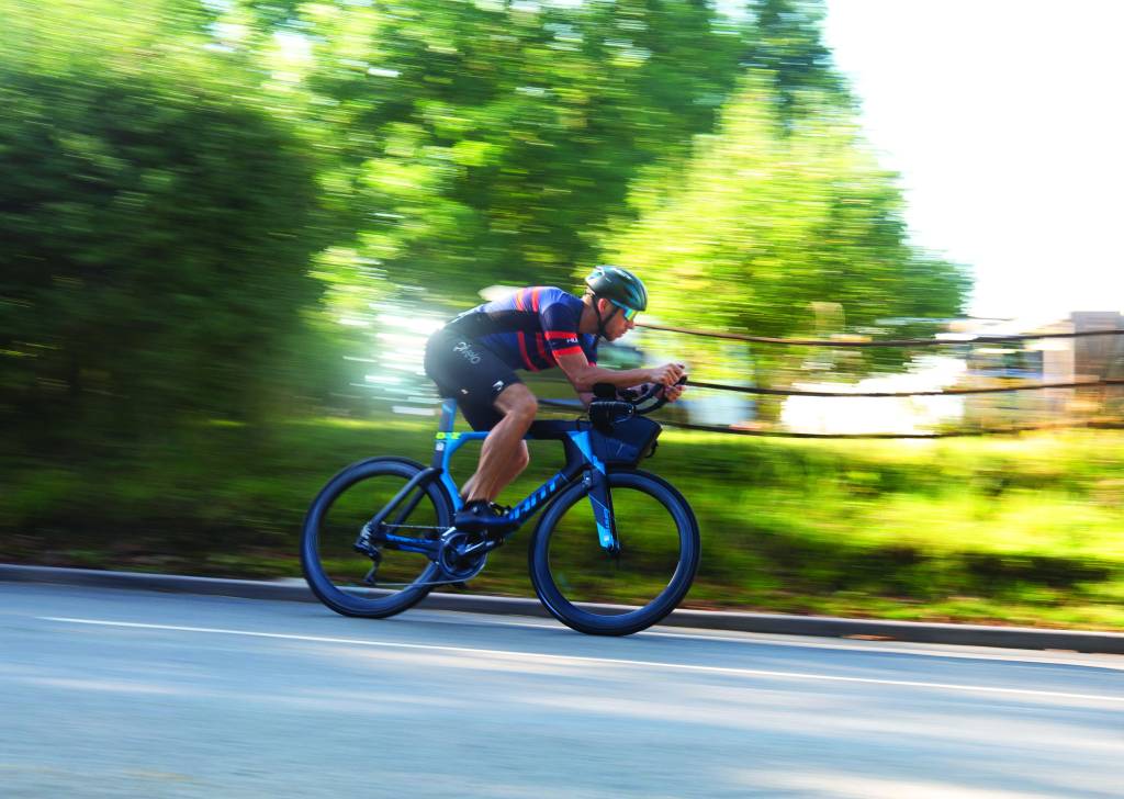 bruce on his self-made tri bike