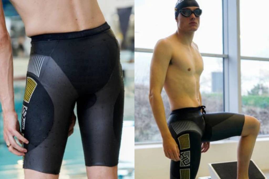 Collage of man wearing black buoyancy shorts